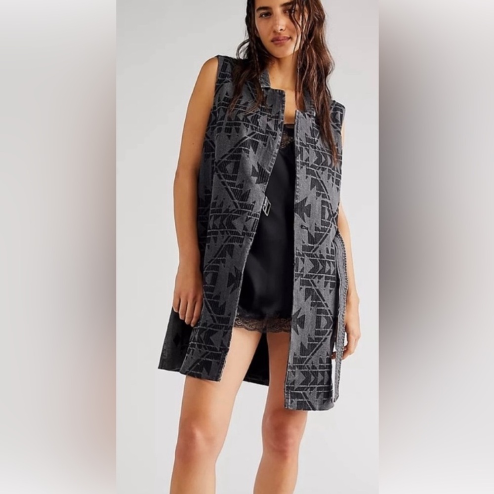 Free People longline geometric denim vest
